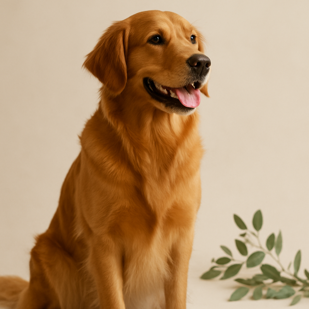 A healthy, vibrant golden retriever on a warm cream background